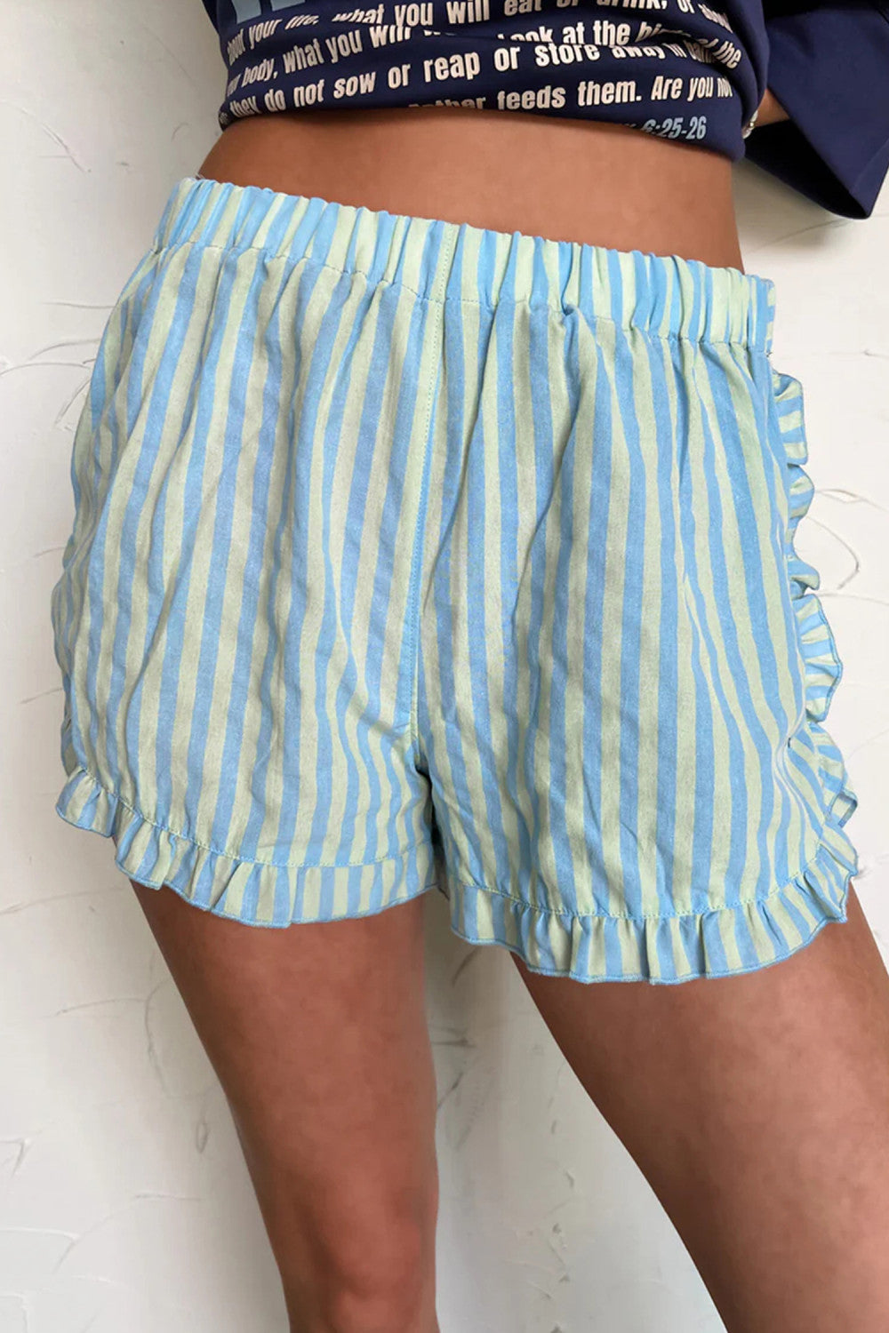 Sky Blue Stripe Elastic Waist Ruffle Trim Casual Shorts - PREORDER