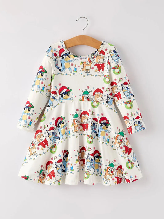 Winter Christmas Character Party Print Girls Dress - PREORDER