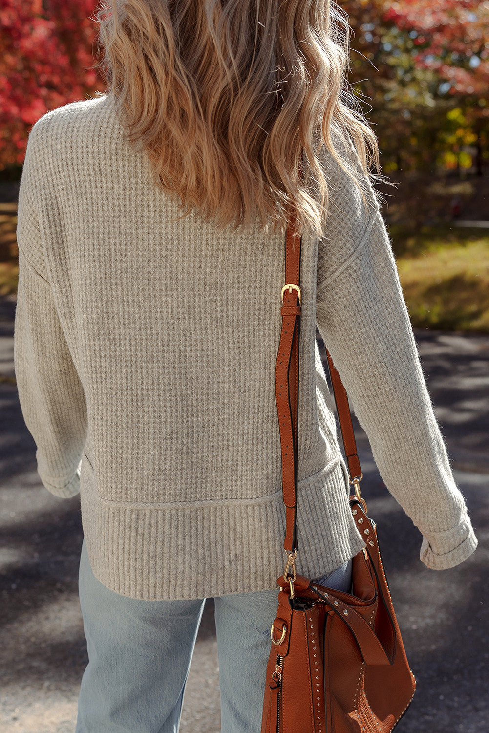 Gray Morn Waffle Texture Knit Ribbed High Neck Drop Shoulder Sweater - PREORDER