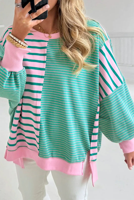 Green Stripe Mix Pattern Color Block Patchwork Side Slit Baggy Sweatshirt - PREORDER