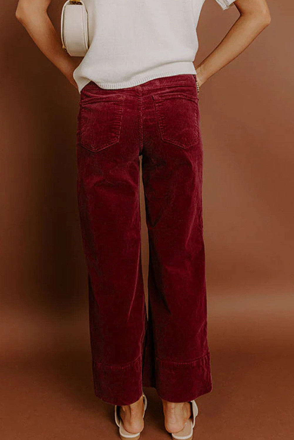 Burgundy Corduroy Solid Color High Waist Wide Leg Pants - PREORDER