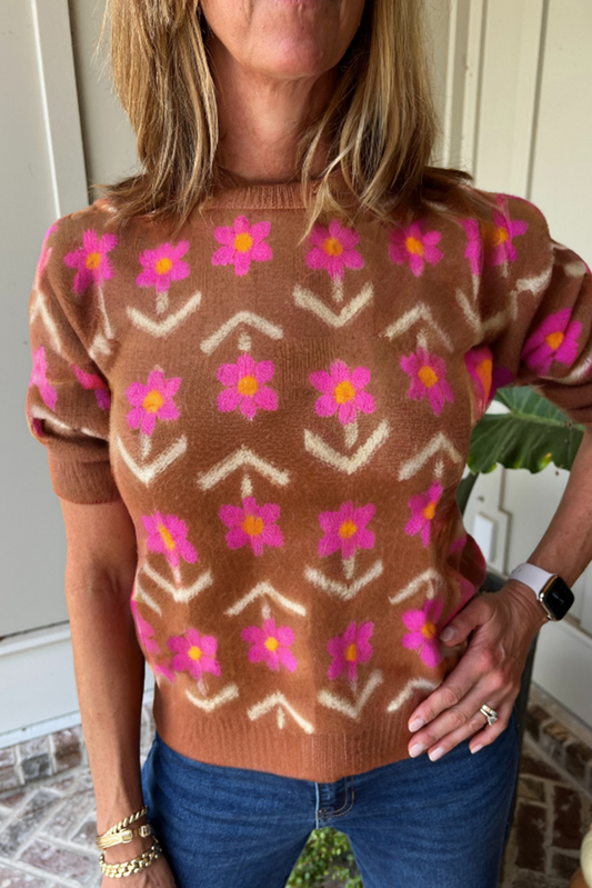 Brown Floral Short Puff Sleeve Sweater - PREORDER