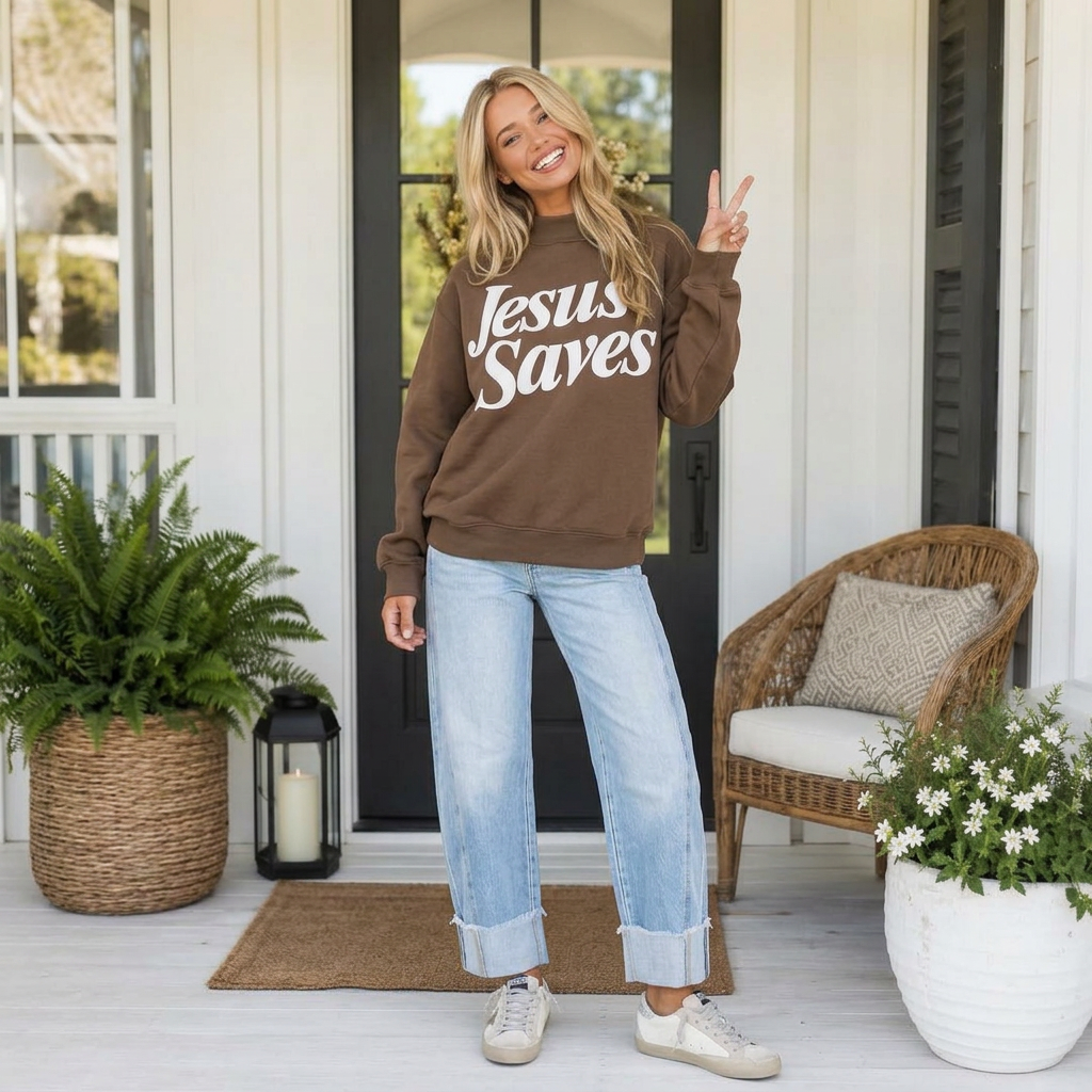 Brown Jesus Saves Slogan Print Stand Neck Baggy Sweatshirt - PREORDER