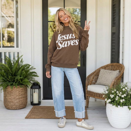 Brown Jesus Saves Slogan Print Stand Neck Baggy Sweatshirt - PREORDER
