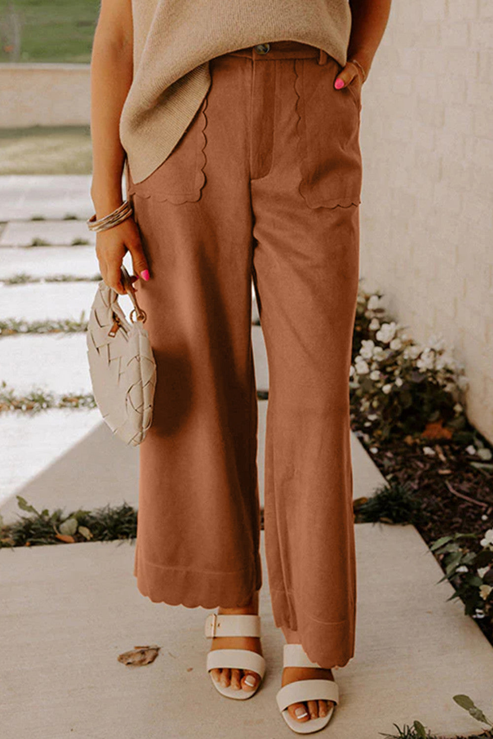 Brown Scalloped Edge Pocket Full-Length Pant - PREORDER