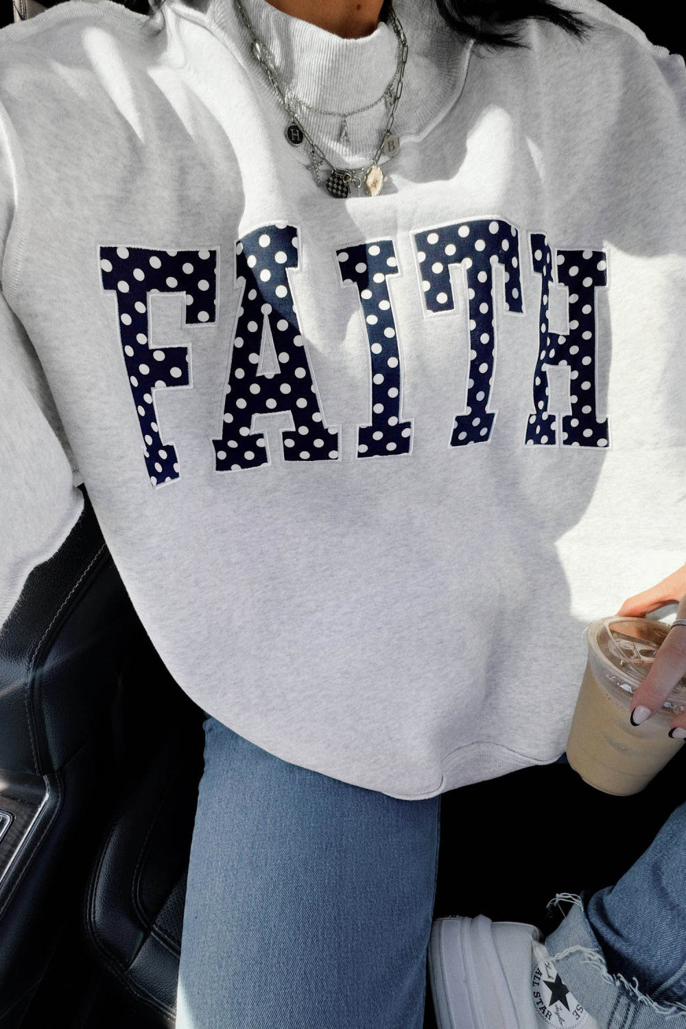 Light Grey High Neck Polka Dot Slogan Printed Baggy Sweatshirt - PREORDER