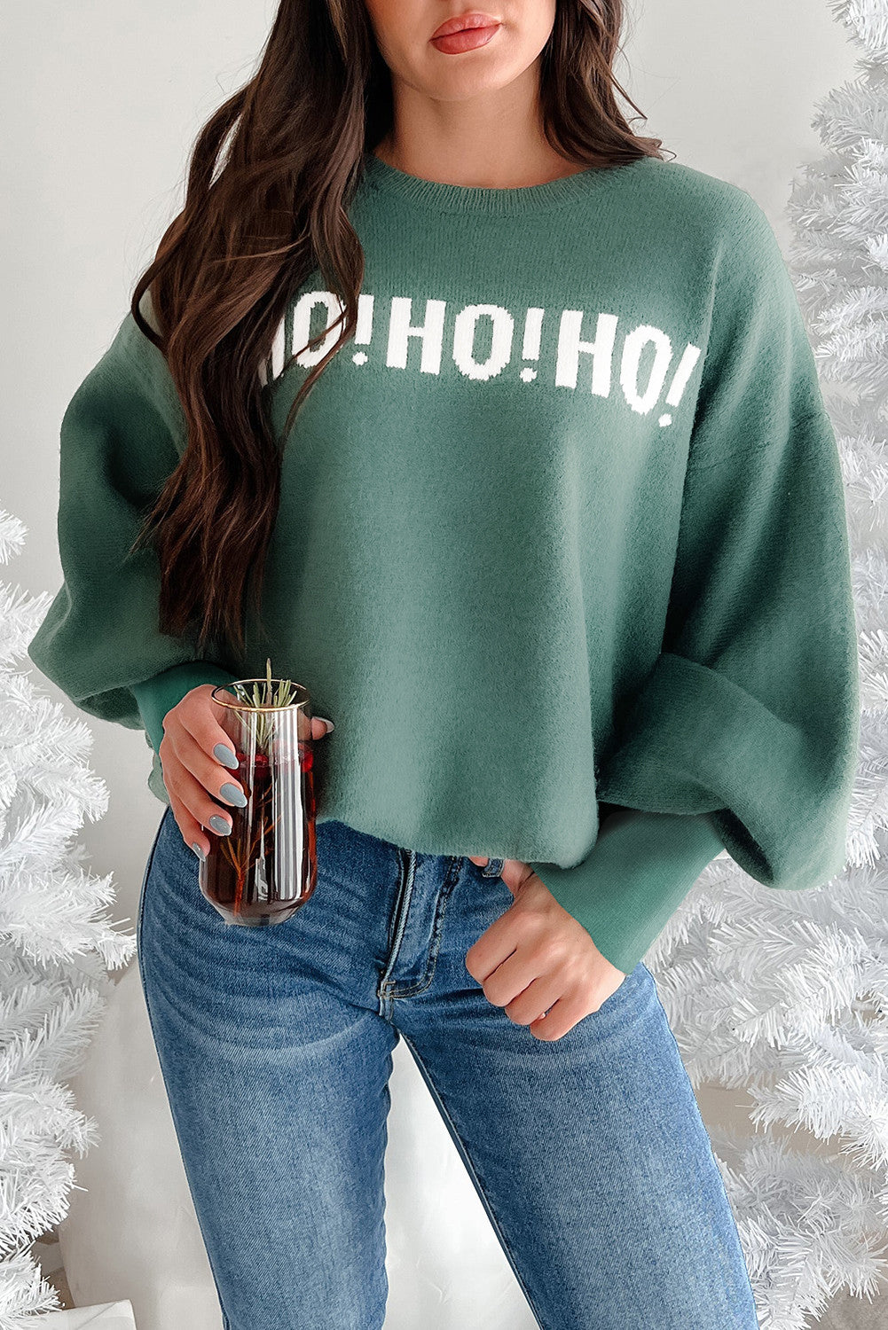 Green HO HO HO MERRY CHRISTMAS Drop Shoulder Loose Sweater - PREORDER