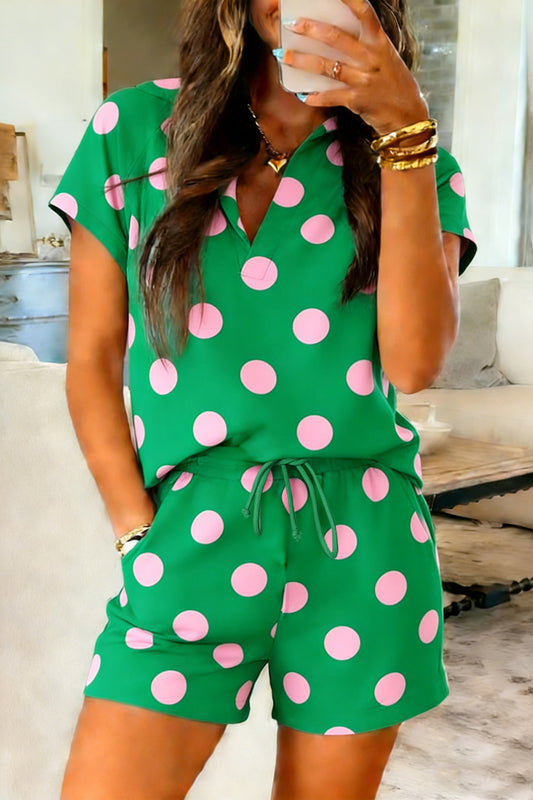 Green Polka Dot Print V Neck Tee Short Set - PREORDER