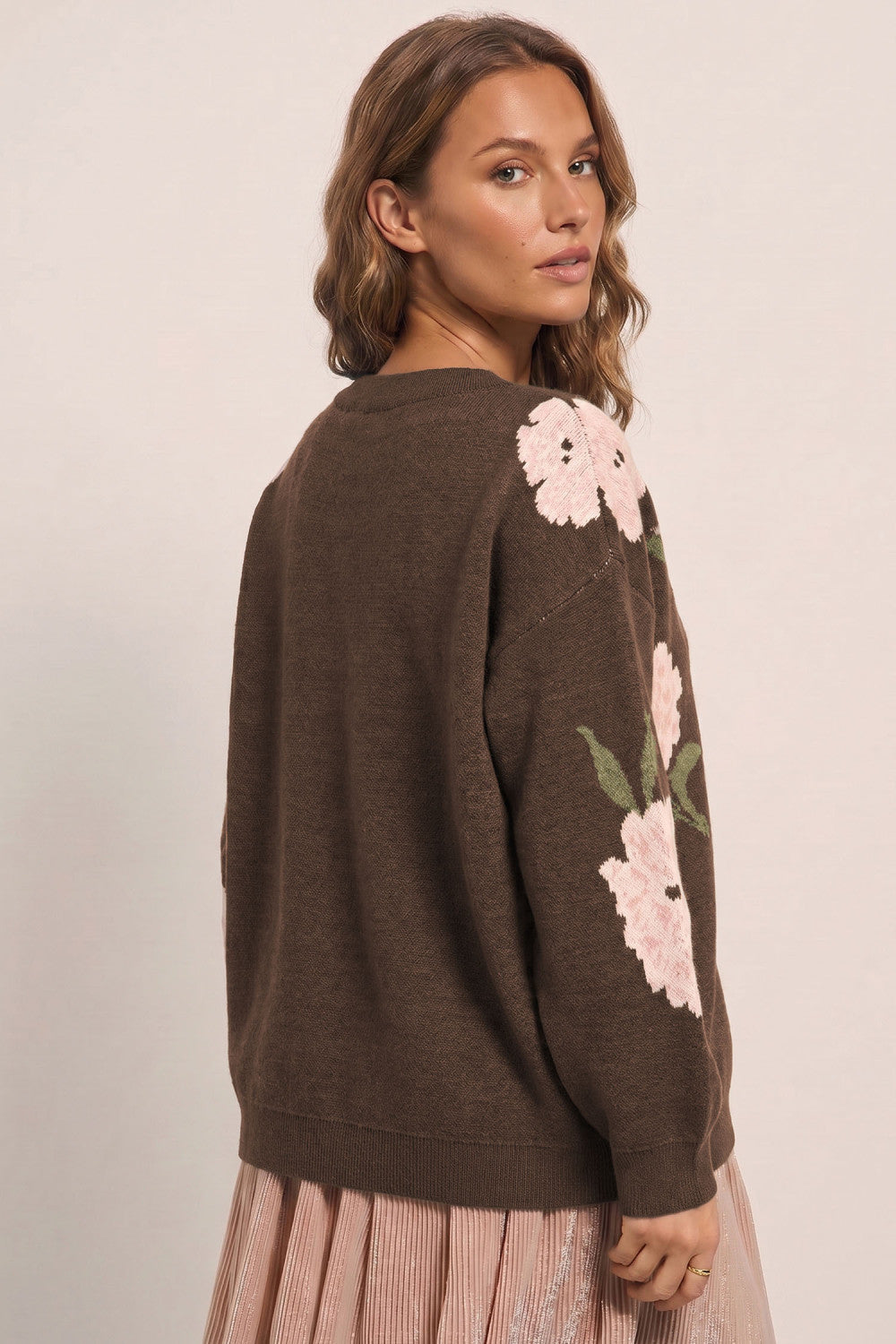 Dark Brown Floral Print Drop Shoulder Relaxed Pullover Sweater - PREORDER