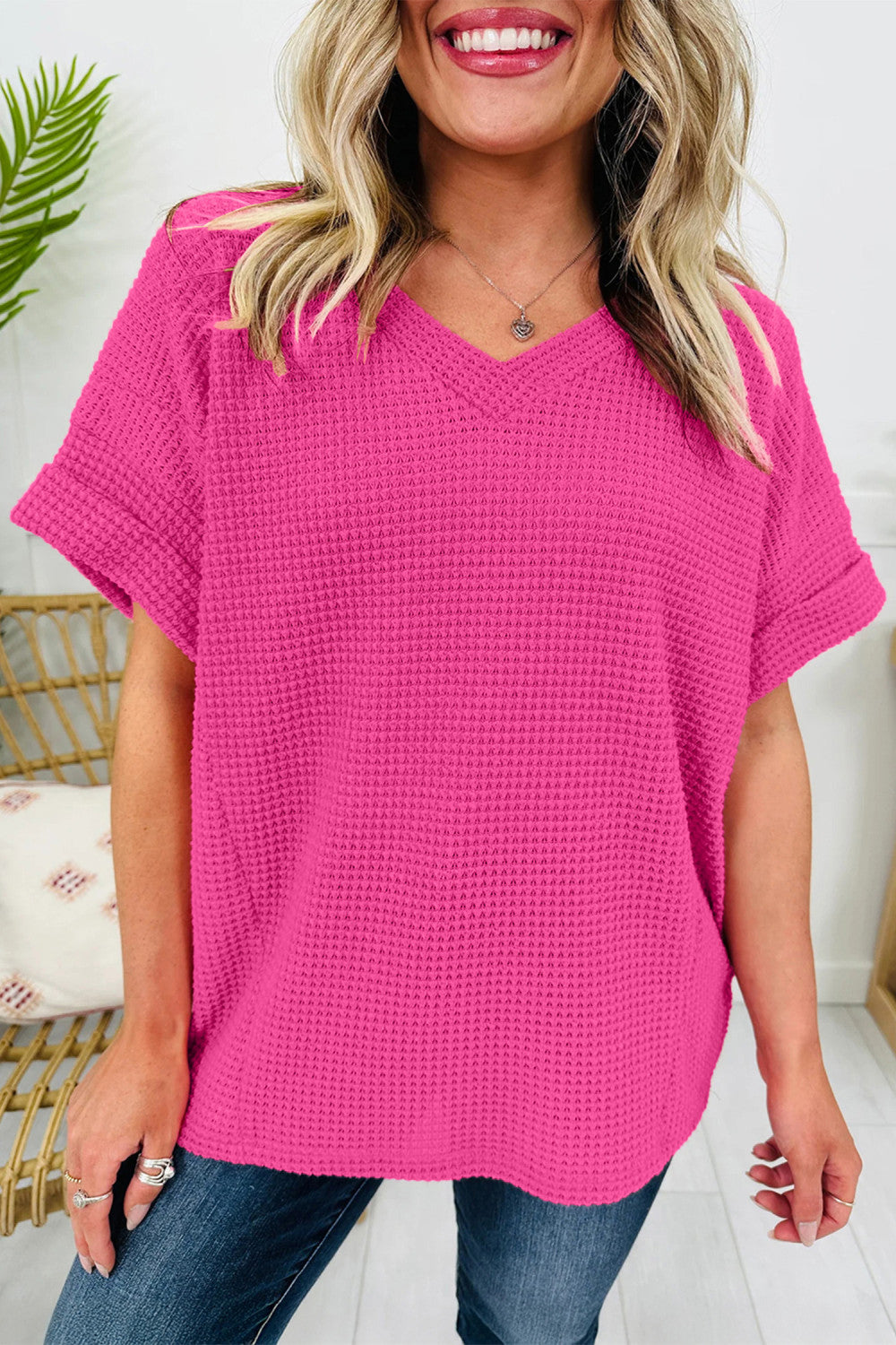 Strawberry Pink Waffle V Neck Short Sleeve Knit Top - PREORDER