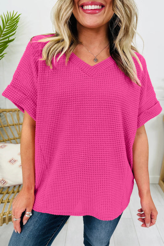 Strawberry Pink Waffle V Neck Short Sleeve Knit Top - PREORDER