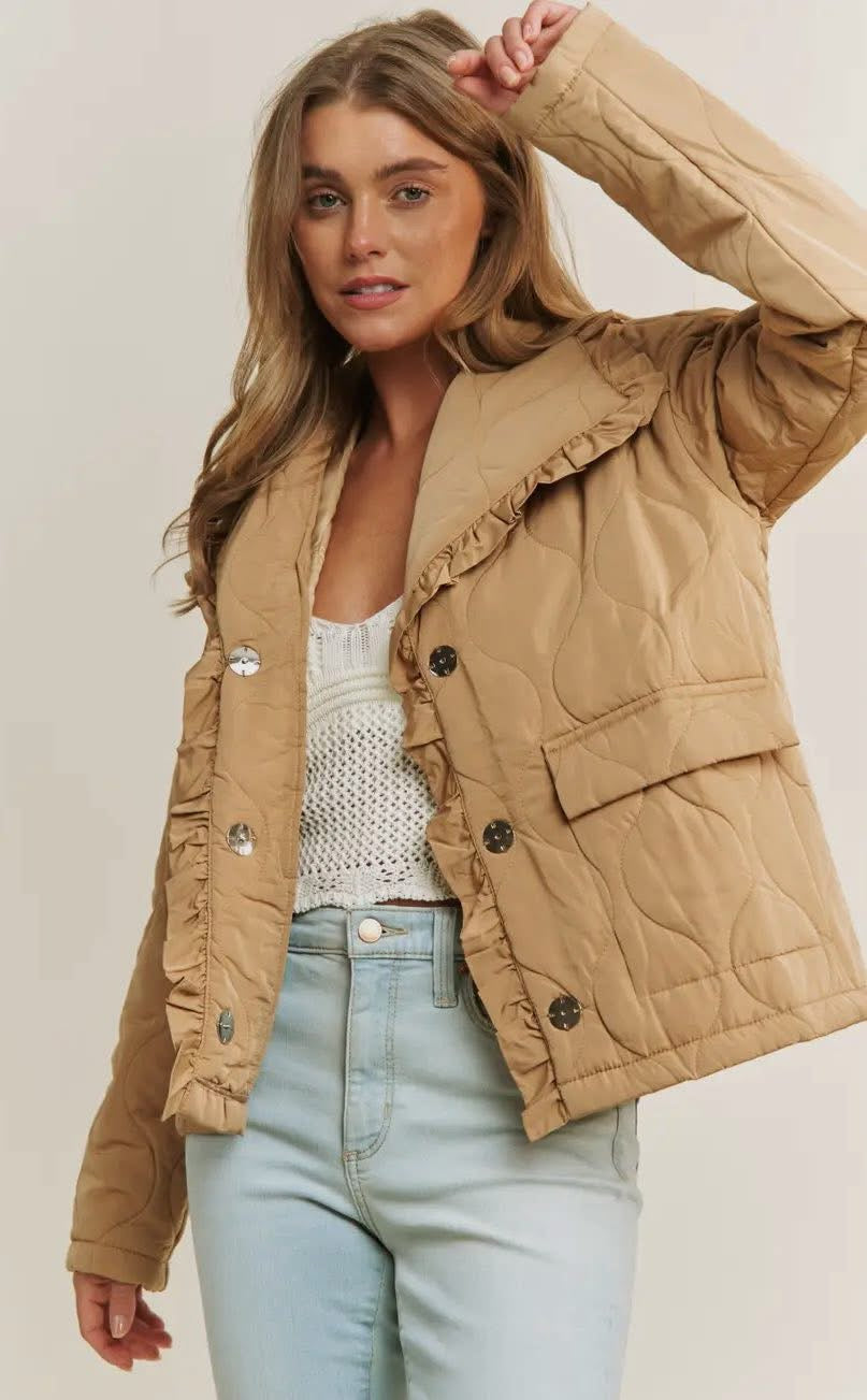 Ruffle Edge Detail Quilted Loose Fit Jacket
