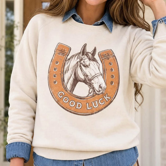 Beige GOOD LUCK Western Horse Print Oversized Pullover Sweatshirt - PREORDER