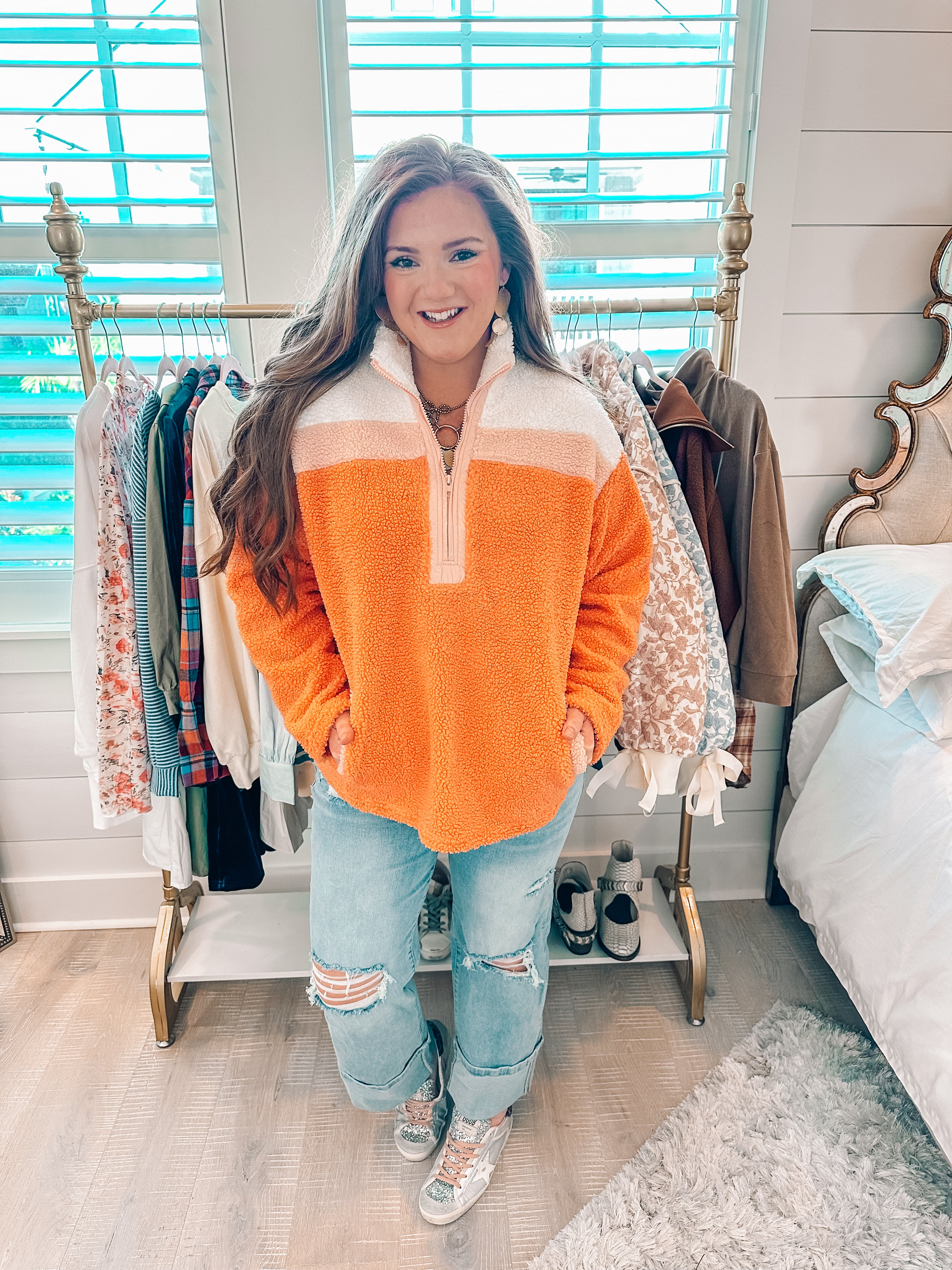 Orange sherpa pullover best sale