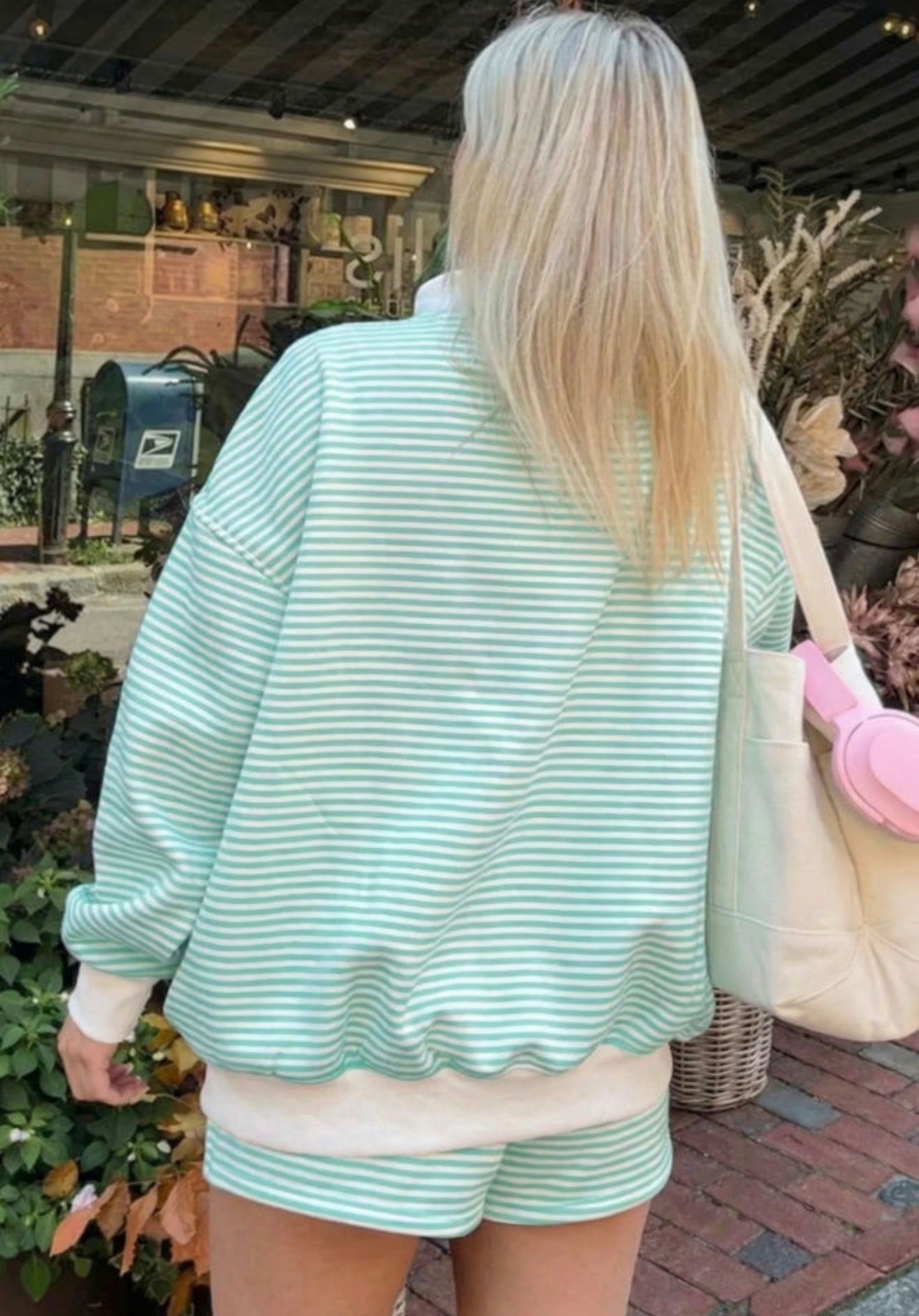 Green Stripe Oversize Mock Neck Sweatshirt and Shorts Set