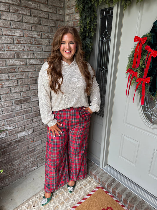Red Festive Plaid Wide Leg Pull On Pants - PREORDER