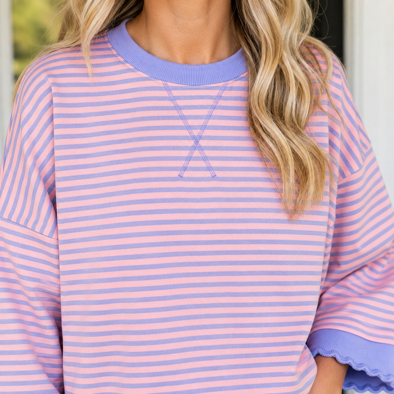 Sky Blue Stripe Colorblock Scalloped Trim Loose 3/4 Sleeve Top - PREORDER