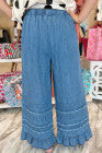 Dusk Blue Ruffled Hem Wide Leg Chambray Pants - PREORDER
