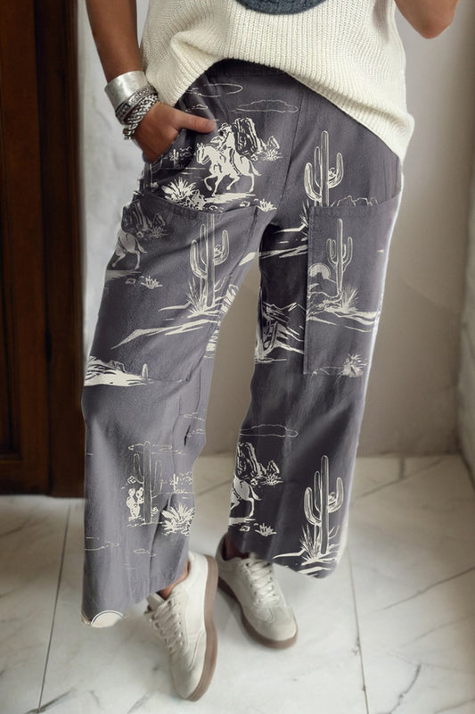 Gray Wild West Riding Vintage Printed Shift Jeans - PREORDER