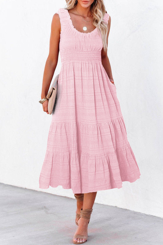 Pink Shirred Pleated Square Neck Sleeveless Midi Dress - PREORDER