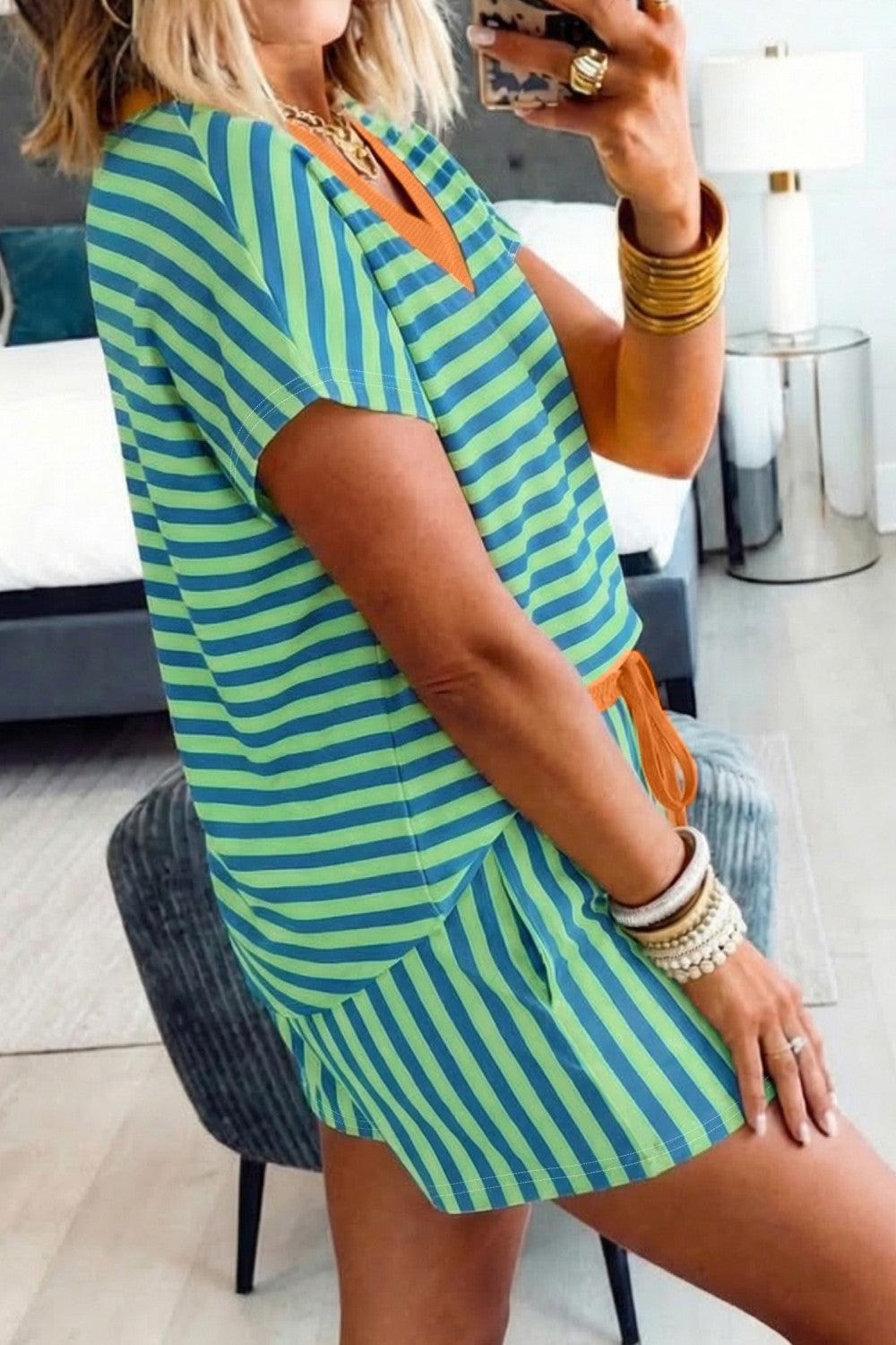 Green Stripe Colorblock Trim V Neck Tee Drawstring Elastic Waist Short Set - PREORDER