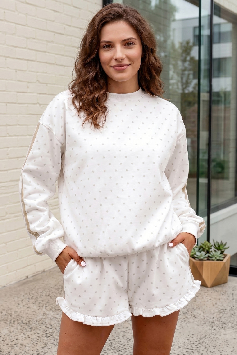White Polka Dot Print Side Stripe Detail Casual Sweatshirt 2pcs Short Set - PREORDER