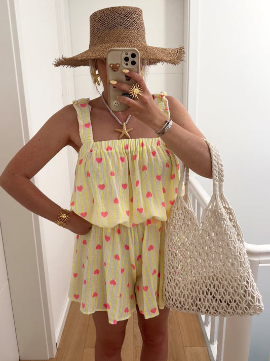 Boho Heart & Sun Goddess Print Ruffled Tank Top Shorts Set