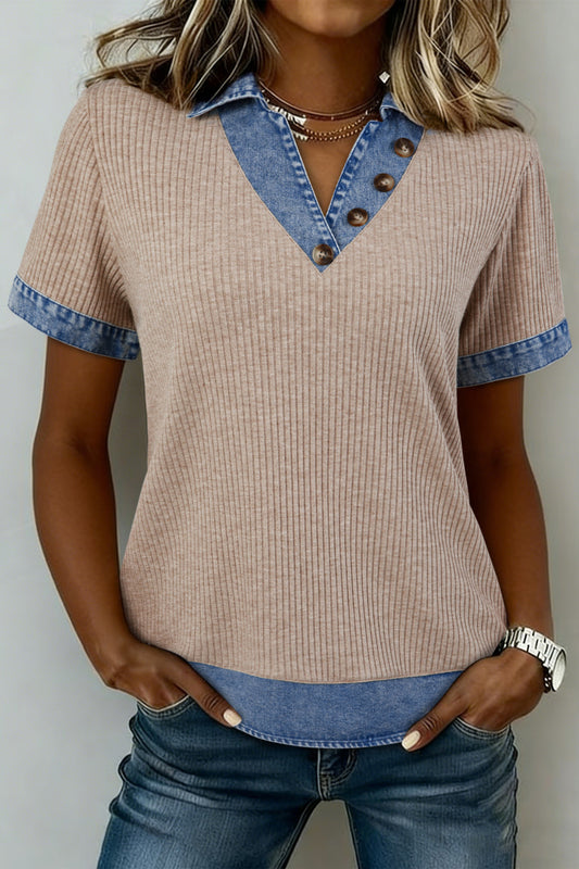 Beige Ribbed Knit Denim Color Block Patchwork Button Detail Collared Blouse - PREORDER