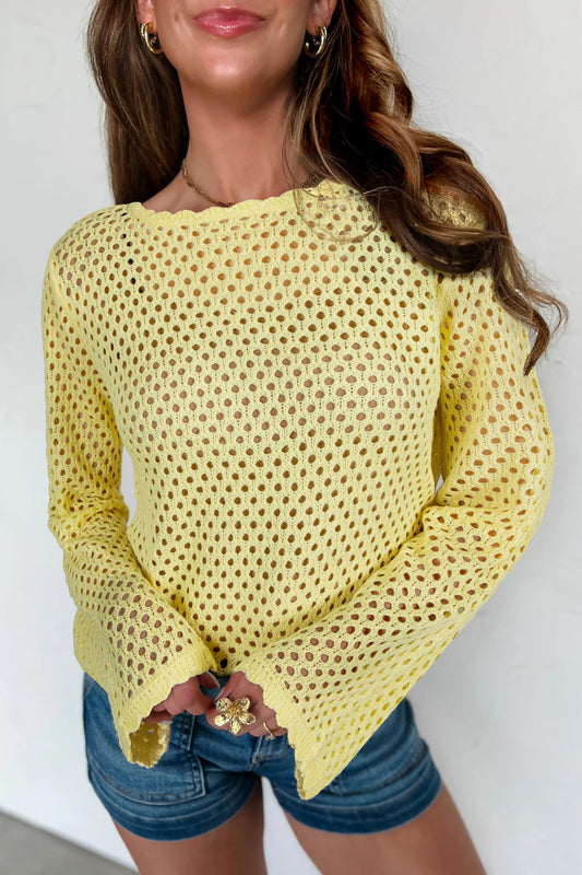 Yellow Cream Scalloped Trim Hollow Out Knit Long Sleeve Top - PREORDER