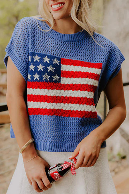 Sky Blue Flag Graphic Short Sleeve Sweater Top - PREORDER
