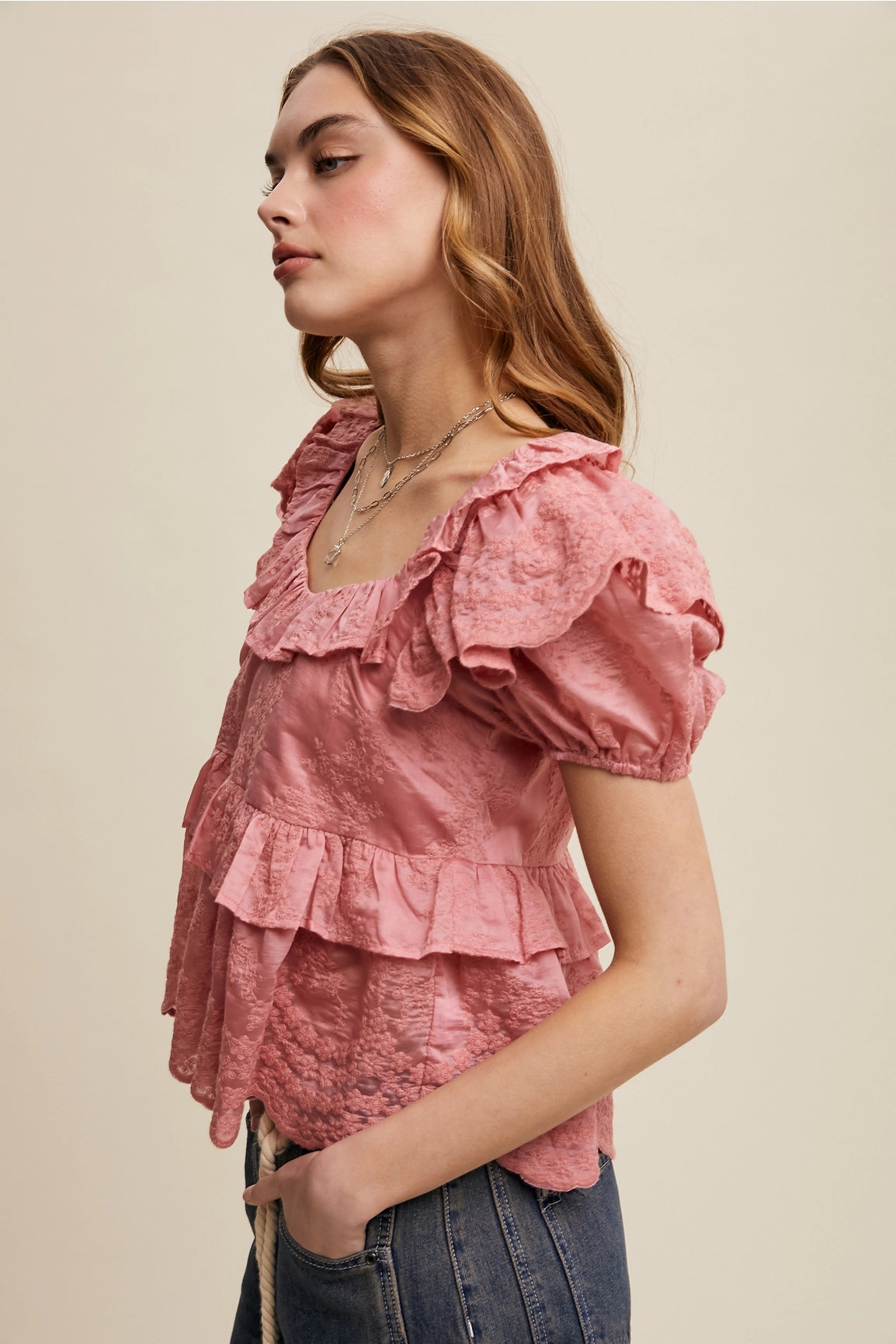 Embroidered Ruffled Peplum Blouse