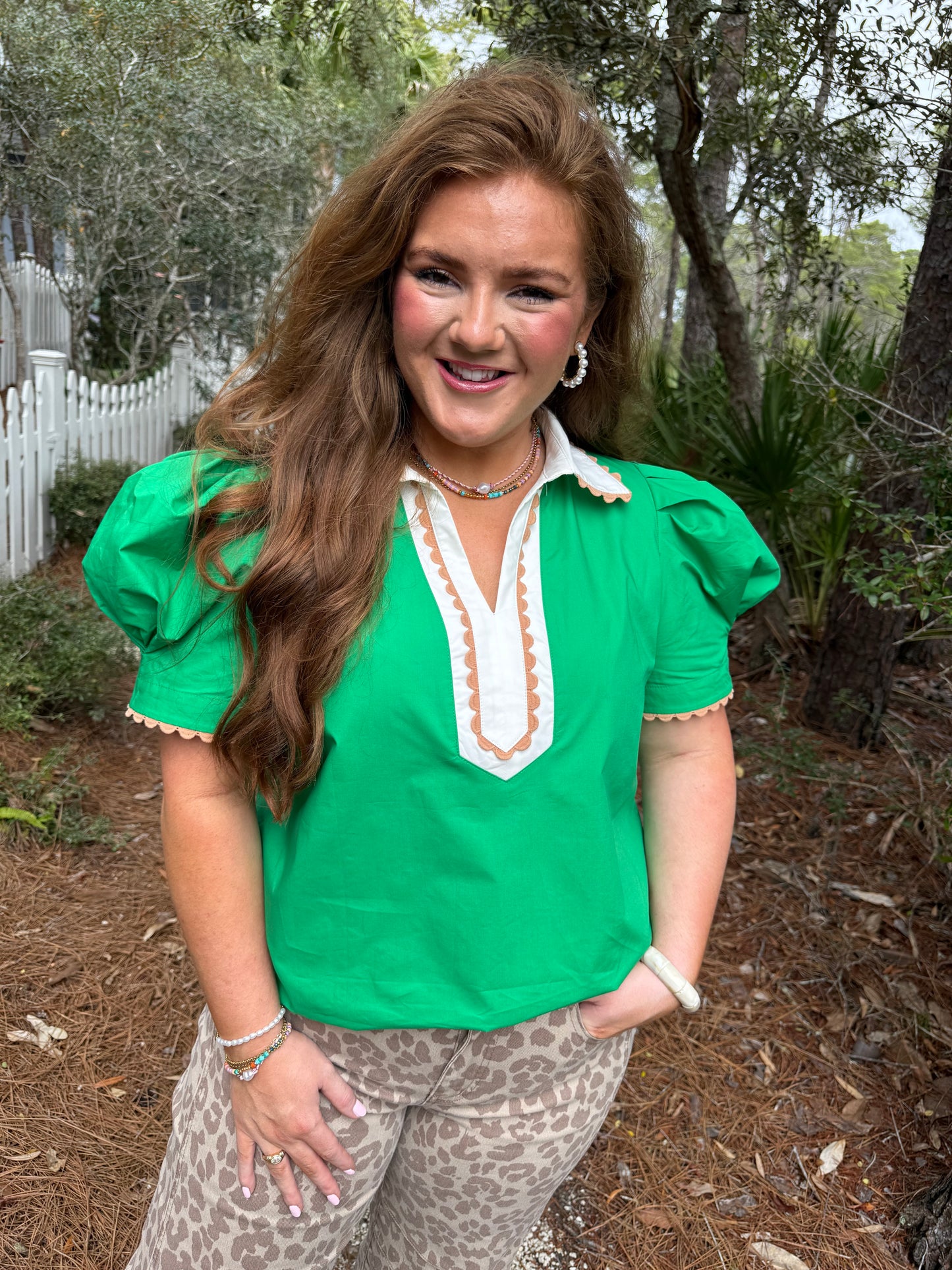 Bright Green Ricrac Trim Color Block Patchwork Shirt Collar Short Sleeve Blouse - PREORDER