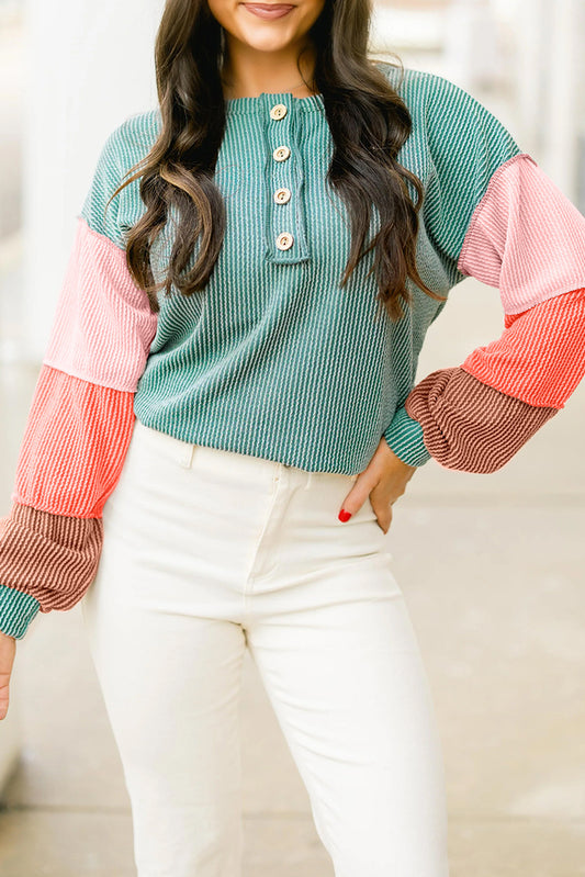 Multicolour Twisted Ribbed Knit Colorblock Henley Top - PREORDER