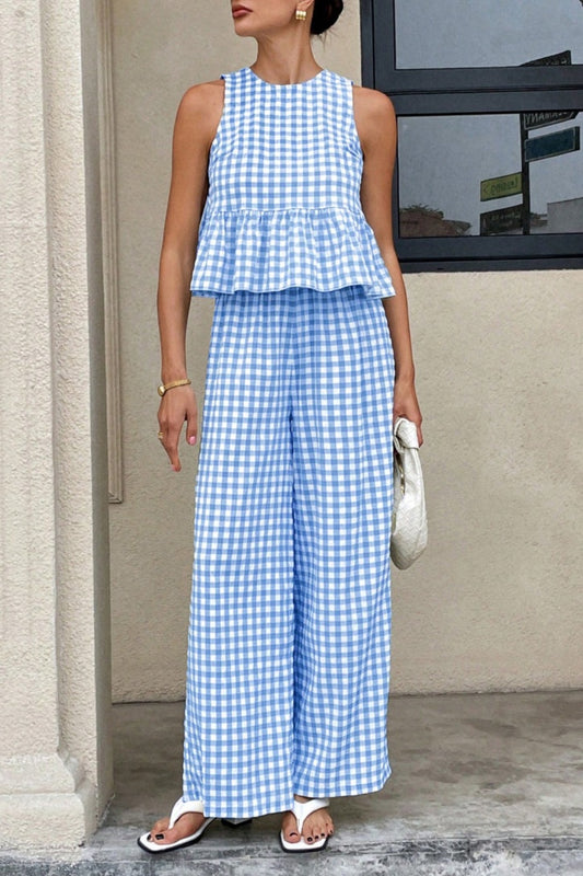 Blue Chic Summer Gingham Print Ruffled Sleeveless Top Set