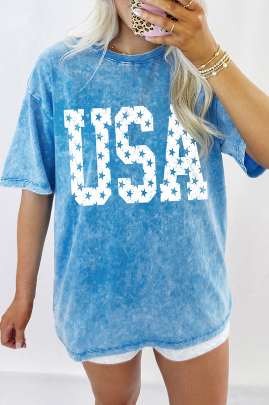 Blue USA Star Print Mineral Washed Cotton Tee - PREORDER