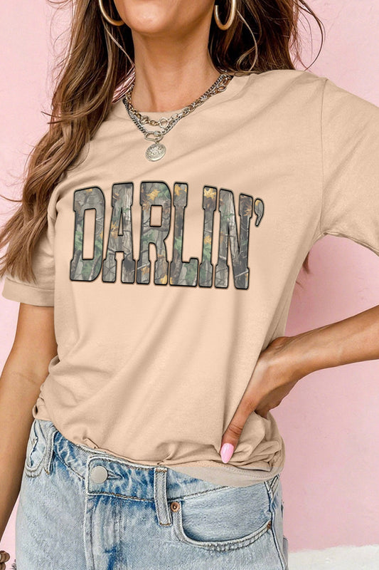 Khaki DARLIN Camo Letter Print Crewneck T Shirt - PREORDER