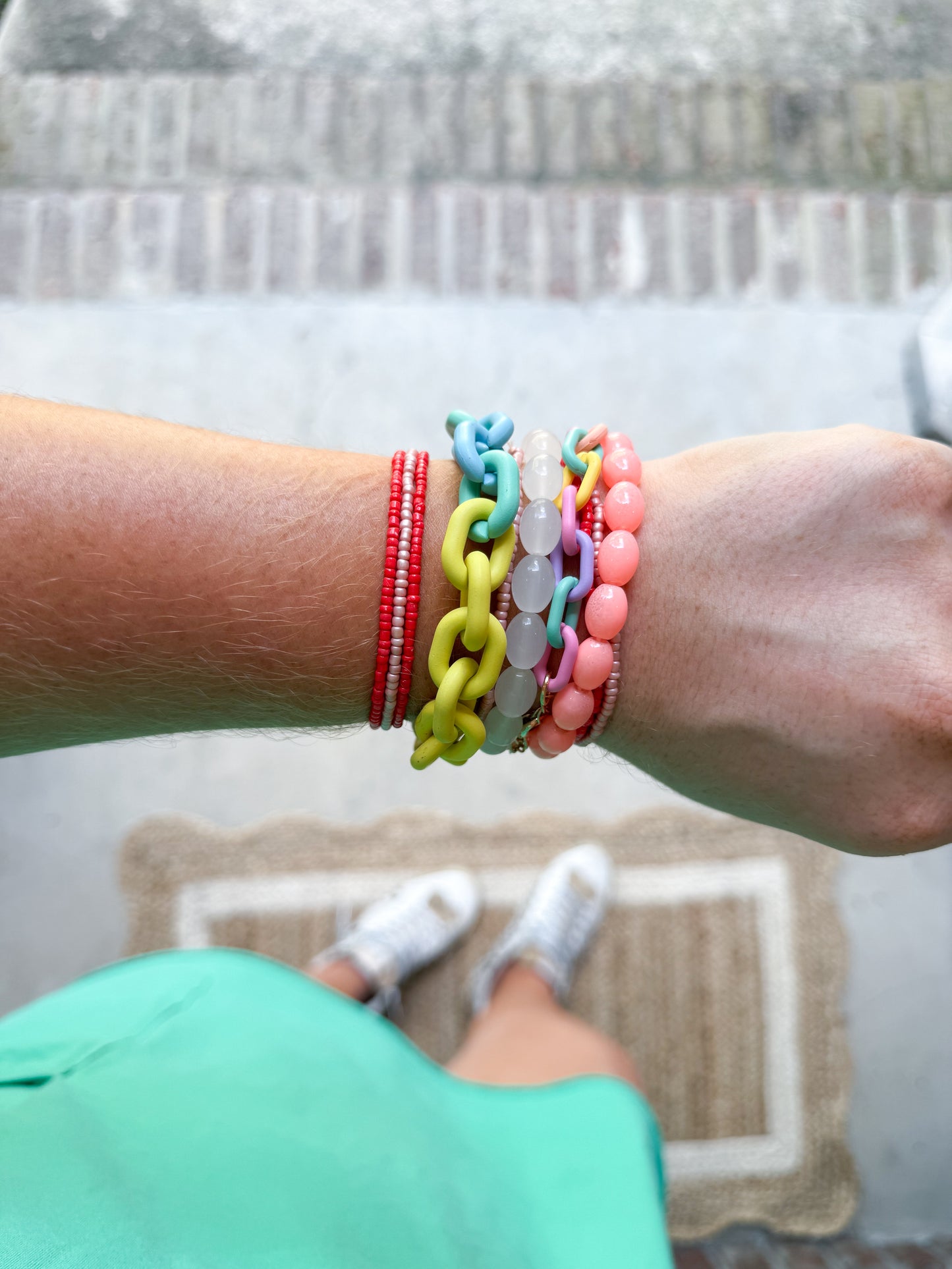 Pink Colorful Beaded Chain Link Layered Bracelet Set