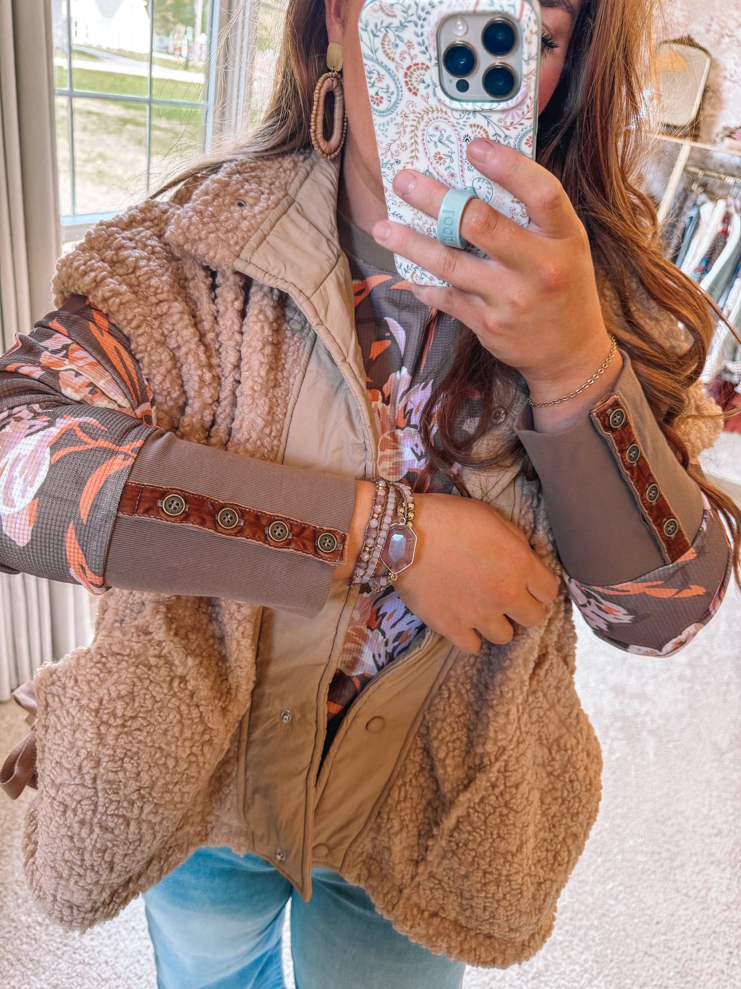 Brown Floral Print Waffle Textured Long Sleeve Top - PREORDER