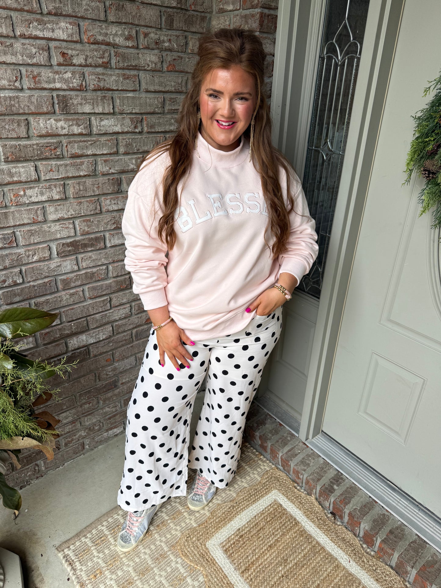 Light Pink Oversize Blessed Embroidered Mock Neck Sweatshirt