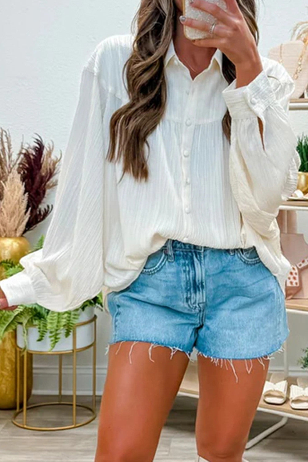 White Crinkled Texture Lantern Sleeve Button Down Loose Shirt - PREORDER
