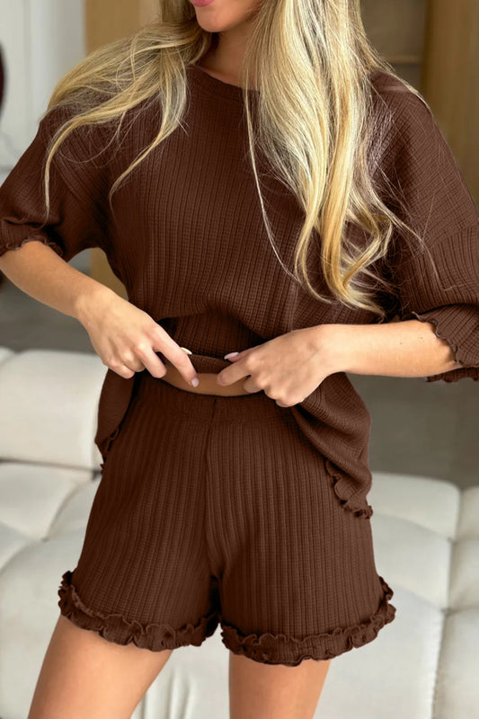 Dark Brown Textured Ribbed Knit Lettuce Trim 2pcs Lounge Set - PREORDER
