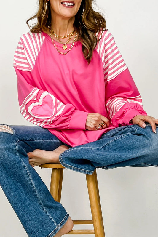 Pink Heart Shape Striped Patchwork Long Sleeve Loose Top - PREORDER