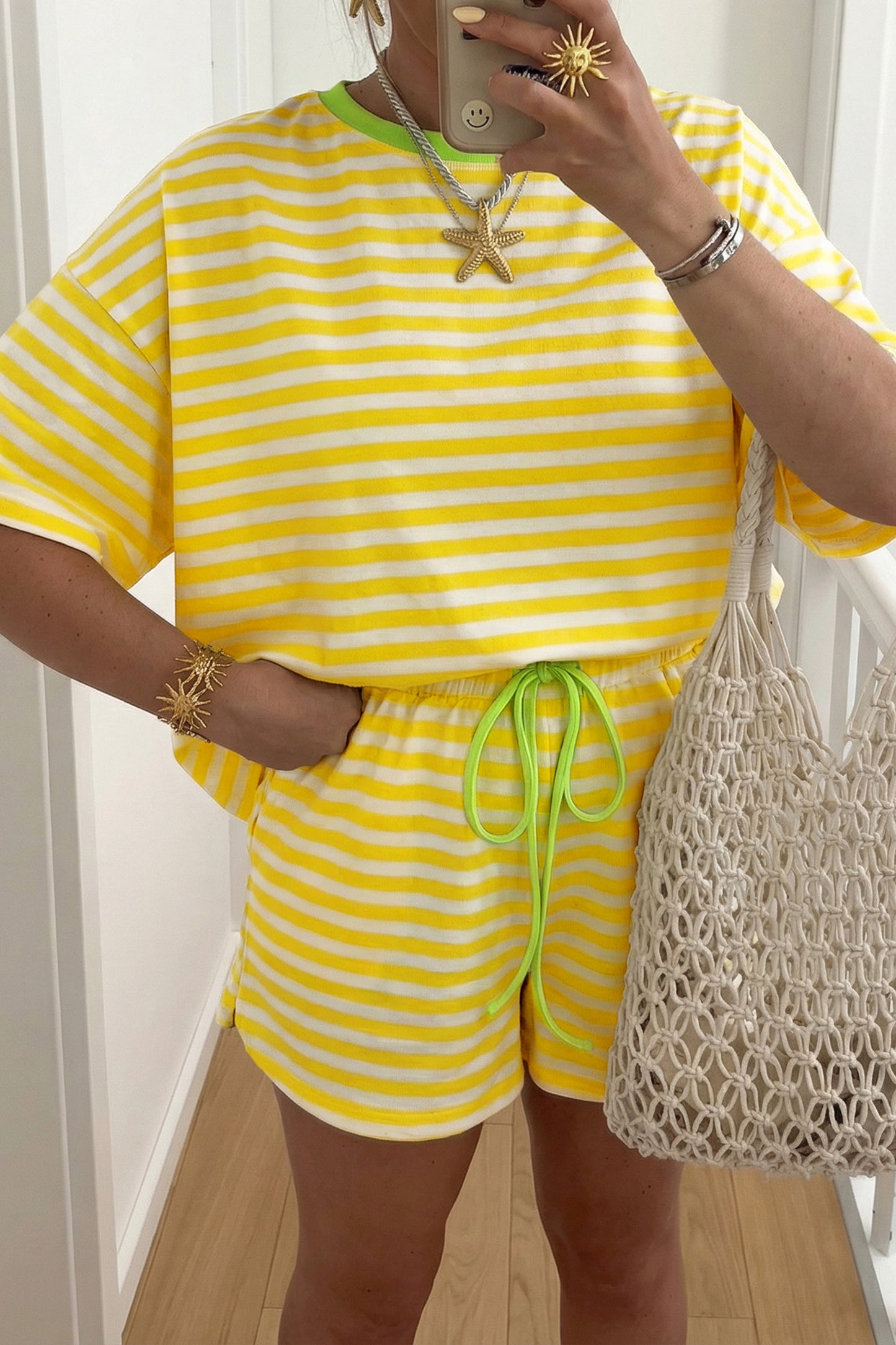 Yellow Stripe Contrast Neck Loose Tee and Drawstring Shorts Set - PREORDER