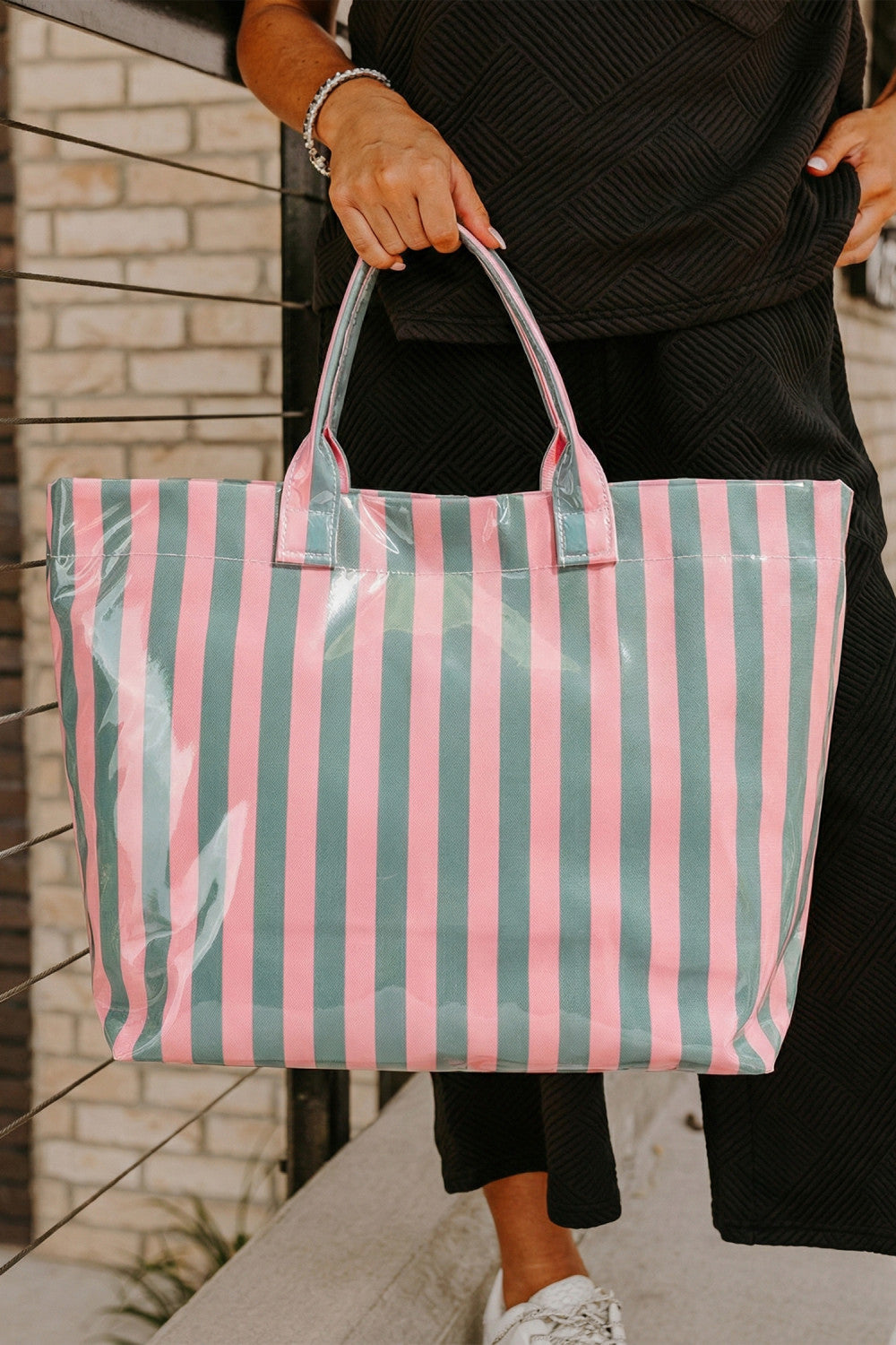 Green Glossy Striped Large Tote Bag