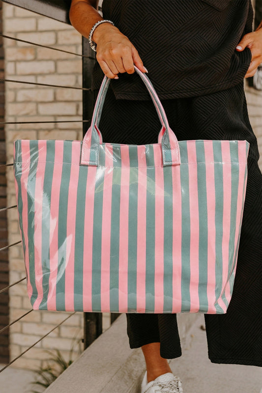 Green Glossy Striped Large Tote Bag - PREORDER