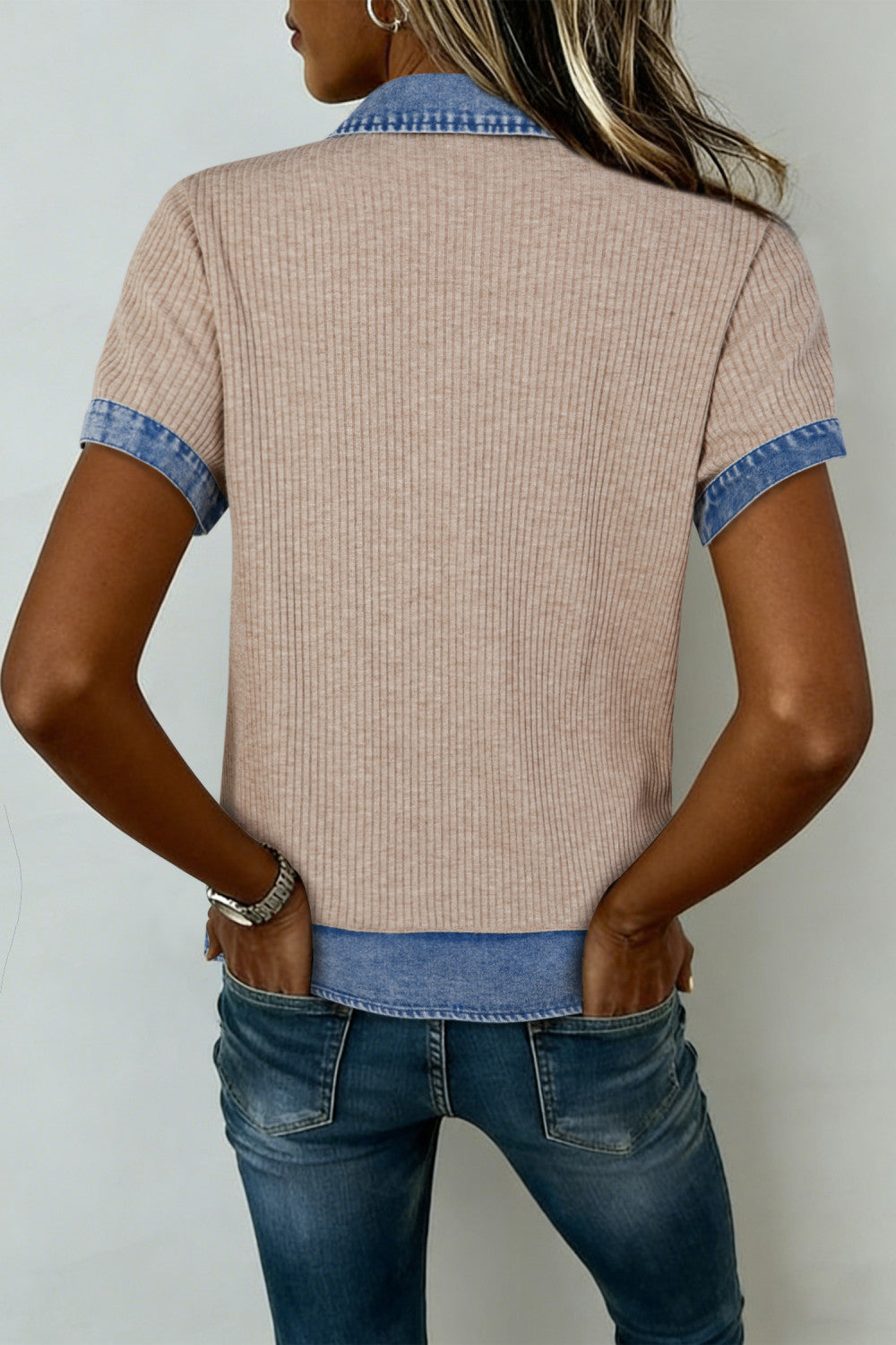 Beige Ribbed Knit Denim Color Block Patchwork Button Detail Collared Blouse - PREORDER