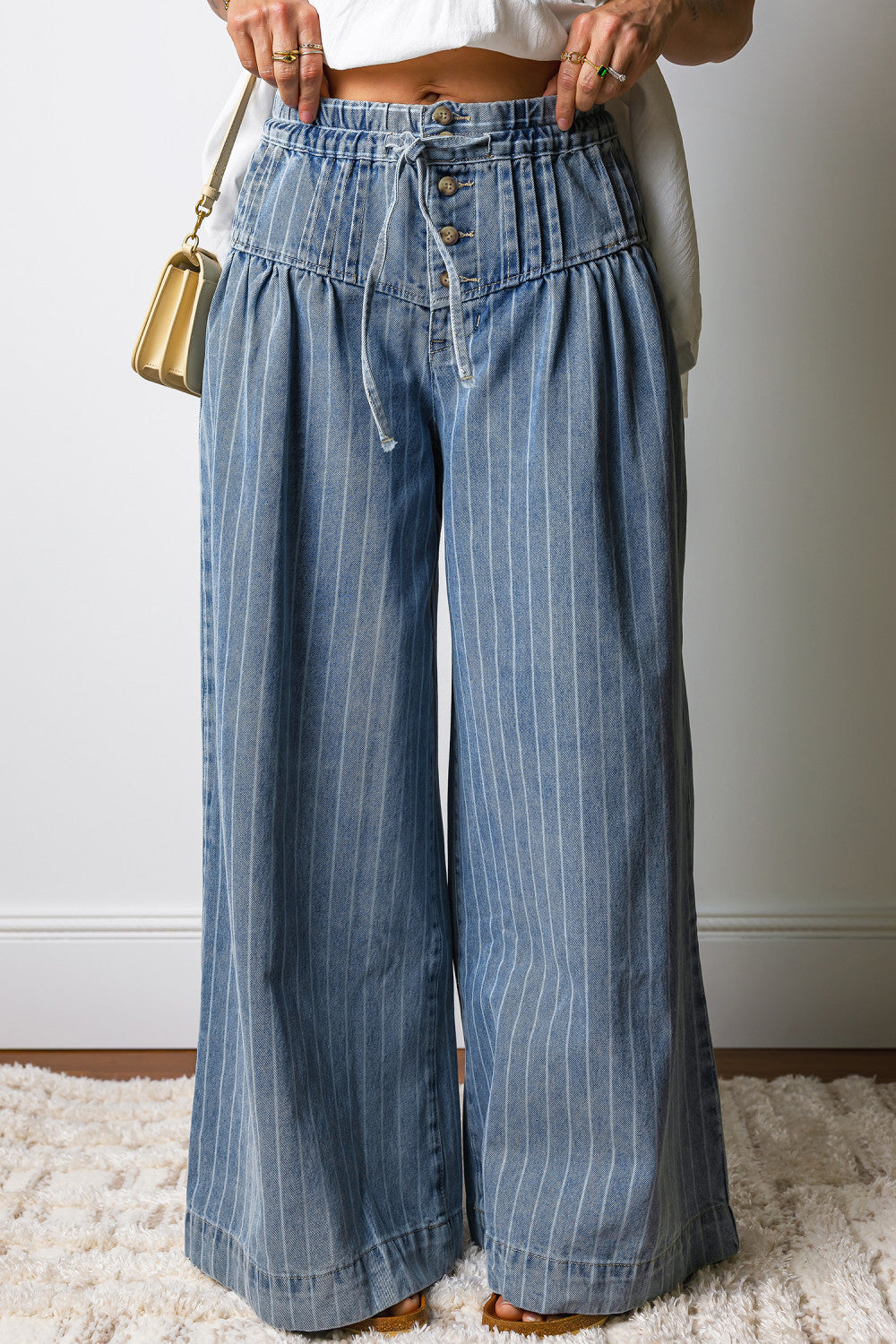 Sky Blue Stripe Button Pleated Drawstring Waist Casual Wide Leg Jeans - PREORDER
