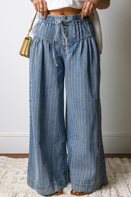 Sky Blue Stripe Button Pleated Drawstring Waist Casual Wide Leg Jeans - PREORDER
