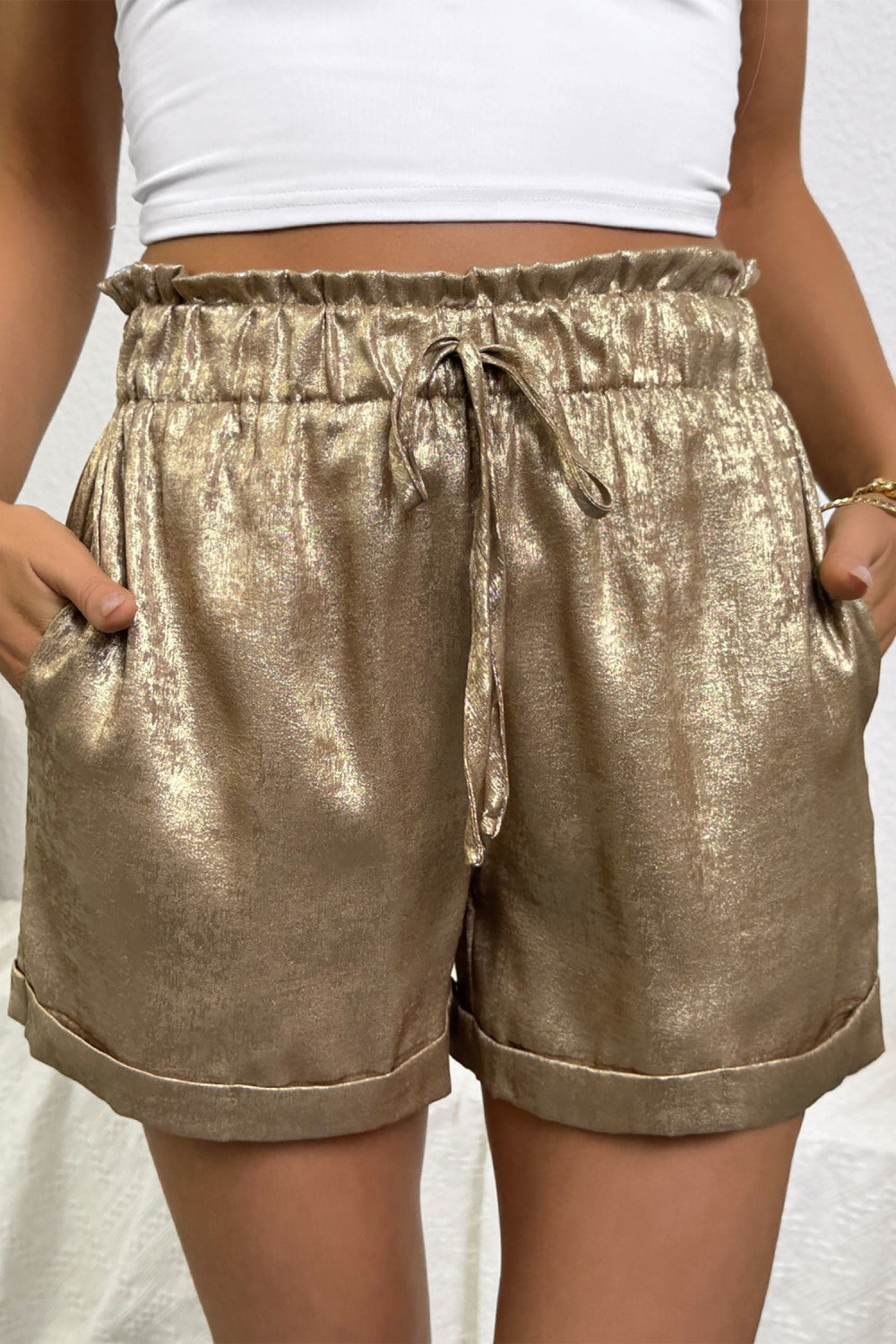 Gold Metallic Luster Tie Elastic Waist Cuffed Hem Shorts - PREORDER