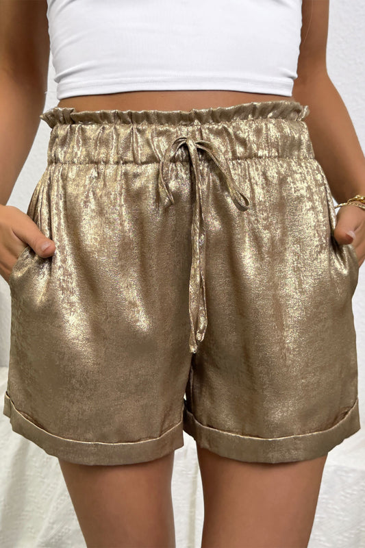 Gold Metallic Luster Tie Elastic Waist Cuffed Hem Shorts - PREORDER